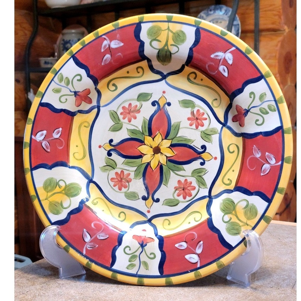 Pier 1 Vallarta Handpainted Earthenware Dinner Plate 13" Red Yellow Blue Floral